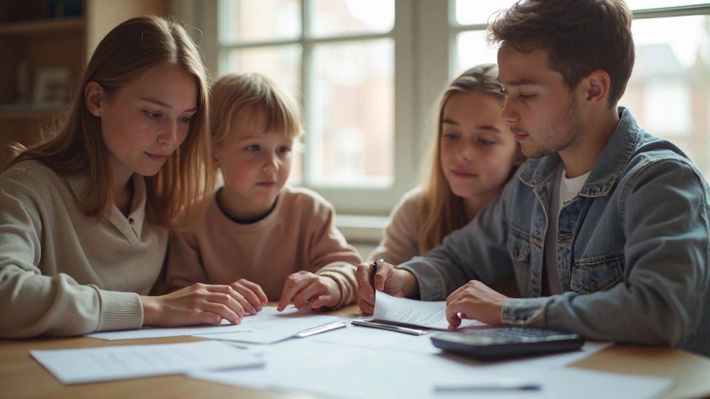 Семья обсуждает семейный бюджет, таблица с финансовым планом на столе