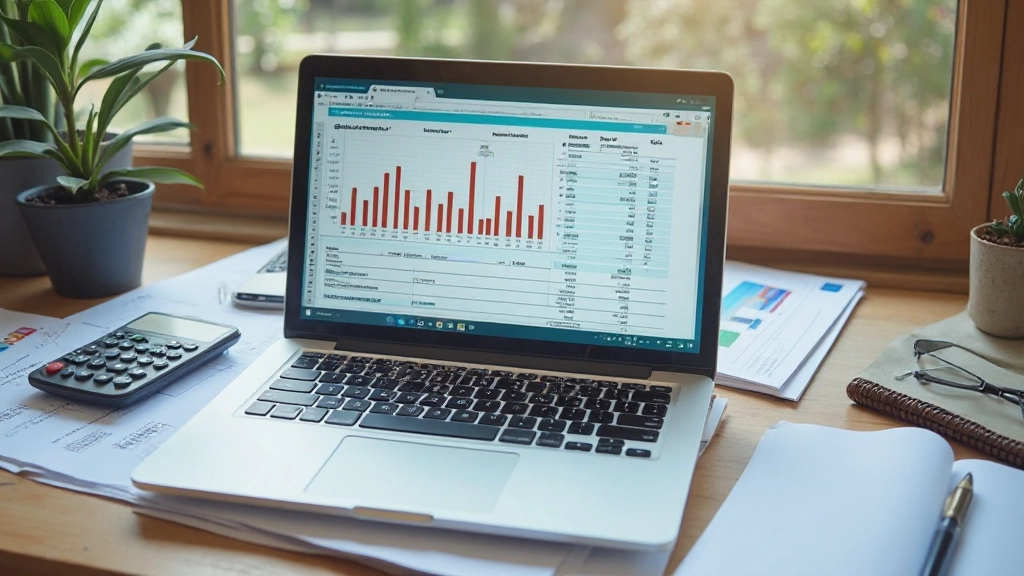 Ноутбук с приложением для планирования бюджета, калькулятор и финансовые документы