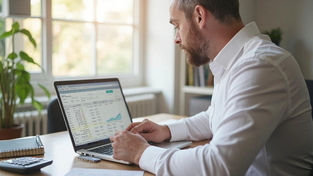 Ноутбук на столе с таблицей распределения бюджета и калькулятором