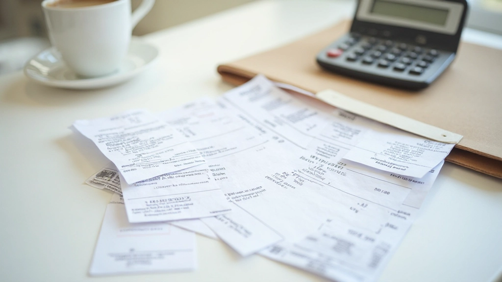 Квитанции и счета, организованно разложенные на столе с папкой для документов