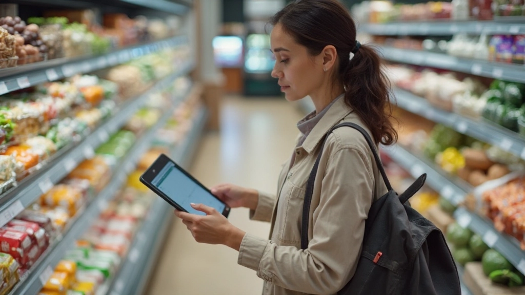 Женщина с планшетом в магазине, проверяющая список покупок