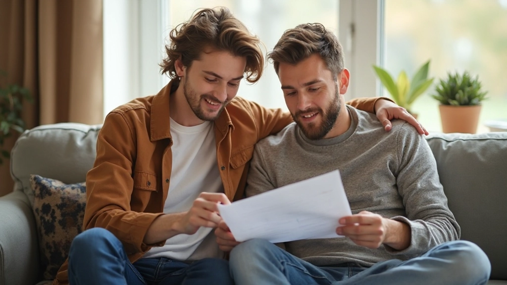 Молодая семейная пара планирует совместный бюджет на диване